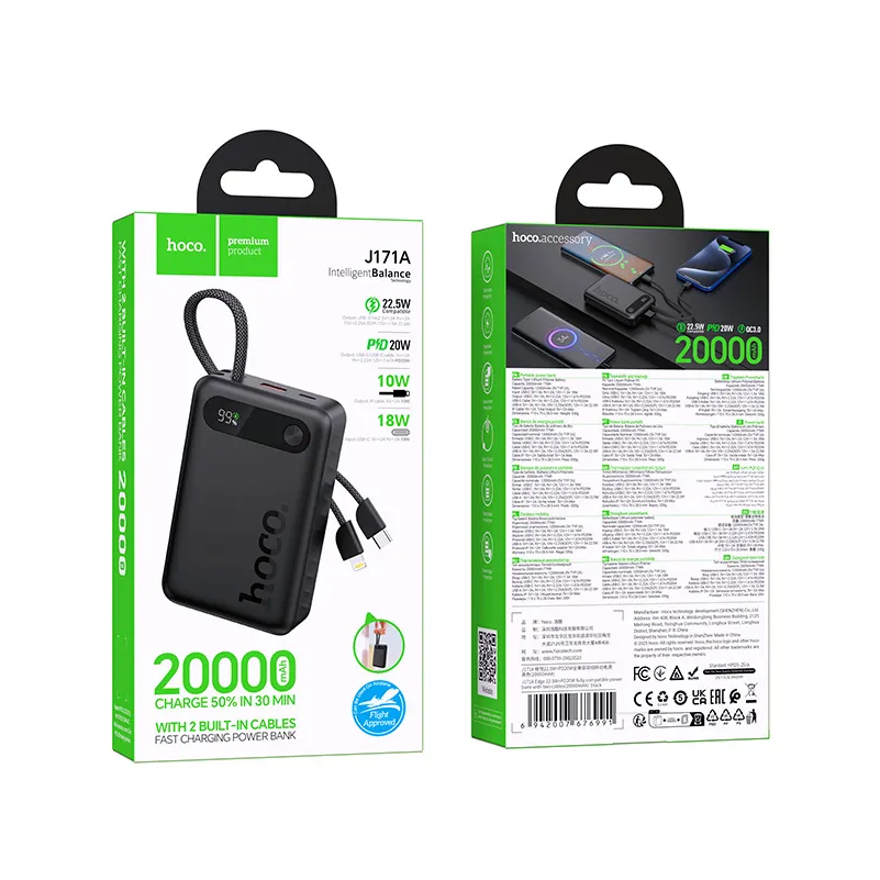 Baterie Externa HOCO J171A, 20000mAh, 22.5W, QC + PD, 1 x Lightning - 1 x USB-A - 2 x USB-C, Neagra