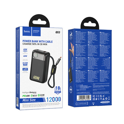 Baterie Externa HOCO Q53, 12000mAh, 65W, QC + PD, 1 x USB-A - 2 x USB-C, Neagra