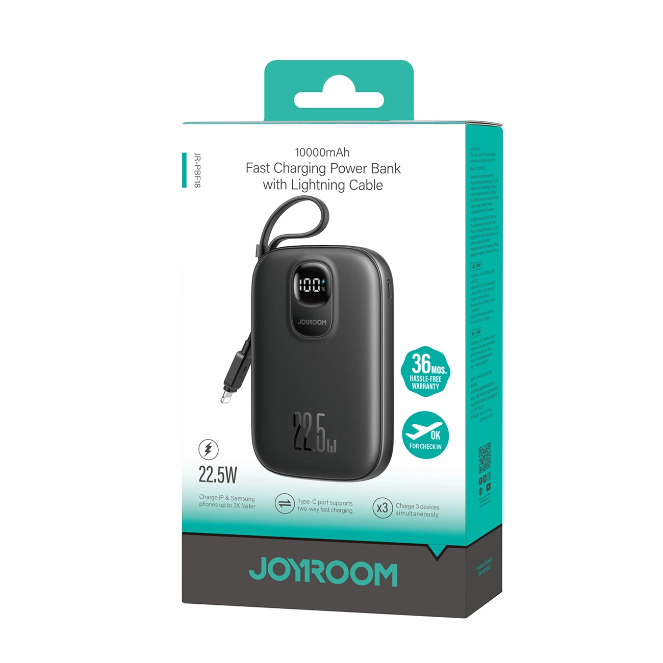 Baterie Externa Joyroom JR-PBF18, 10000mAh, 22.5W, QC + PD, 1 x Lightning - 1 x USB-A - 1 x USB-C, Neagra