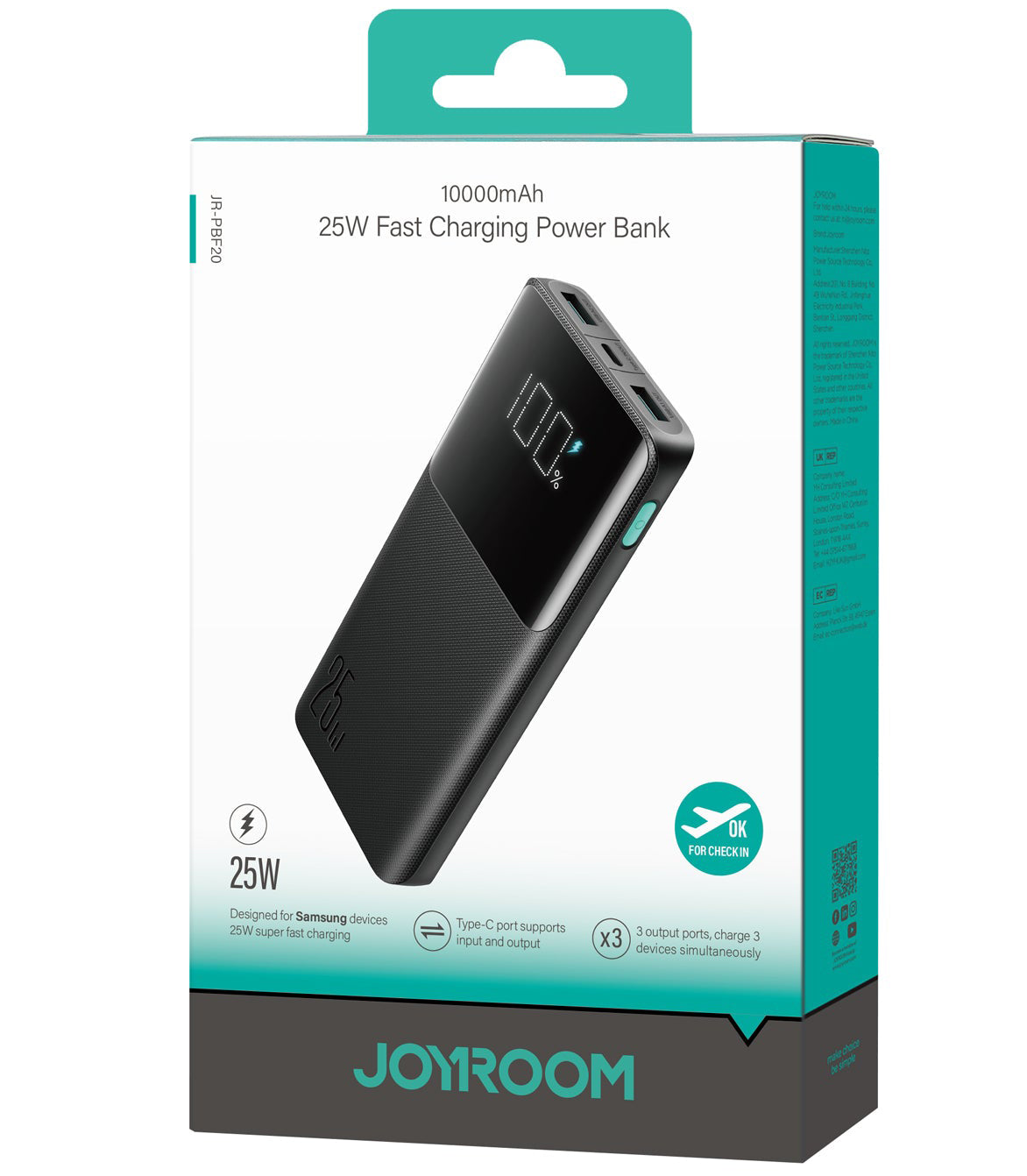Baterie Externa Joyroom JR-PBF20, 10000mAh, 25W, QC + PD, 1 x USB-C - 2 x USB-A, Neagra