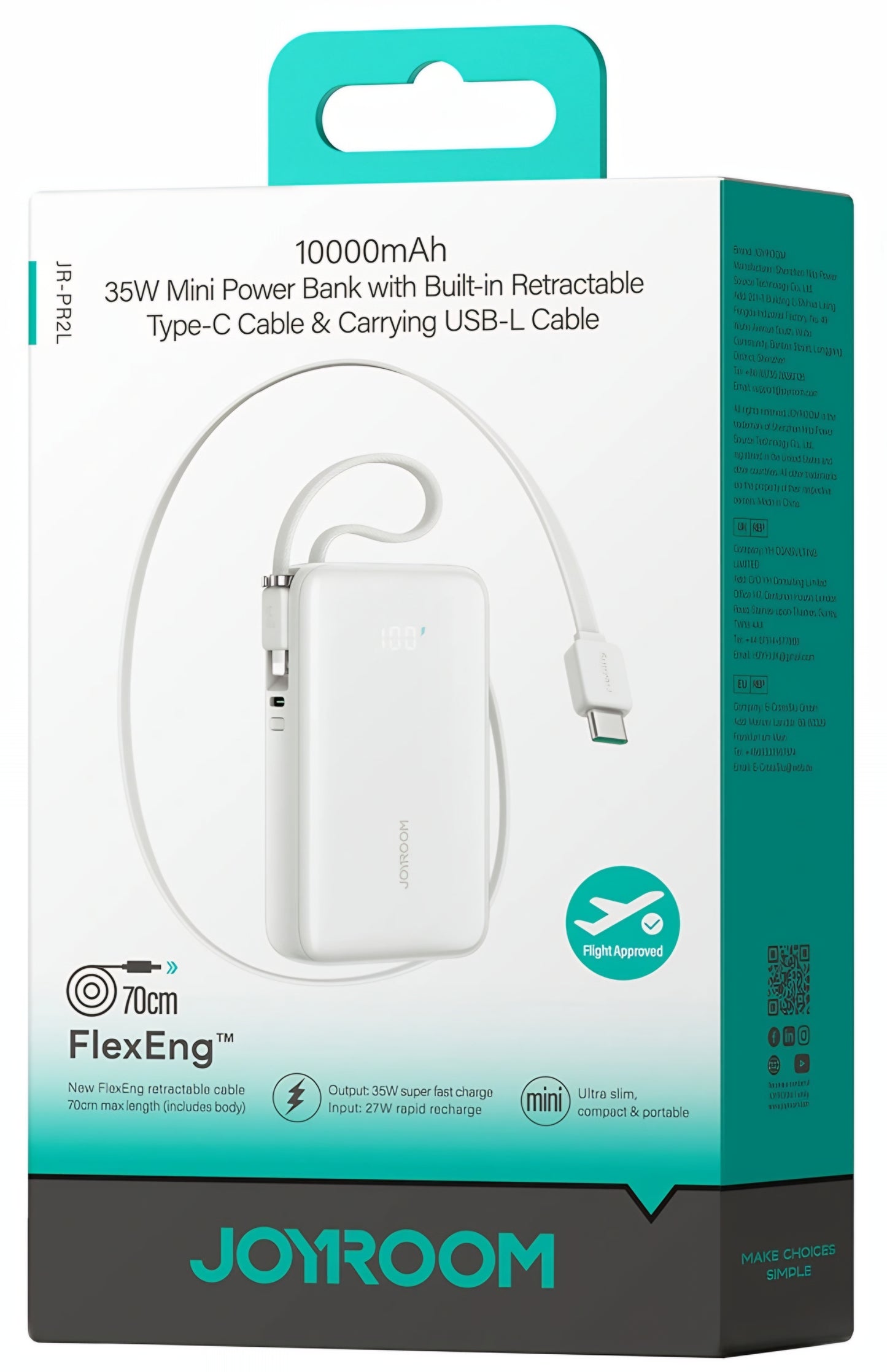 Baterie Externa Joyroom JR-PR2L, 10000mAh, 35W, QC + PD, 1 x Lightning - 2 x USB-C, Alba