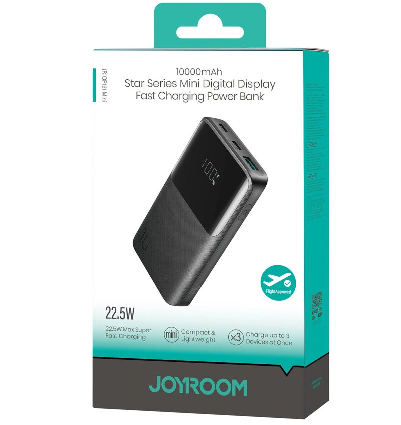 Baterie Externa Joyroom JR-QP191, 10000mAh, 22.5W, QC + PD, 1 x USB-A - 2 x USB-C, Neagra
