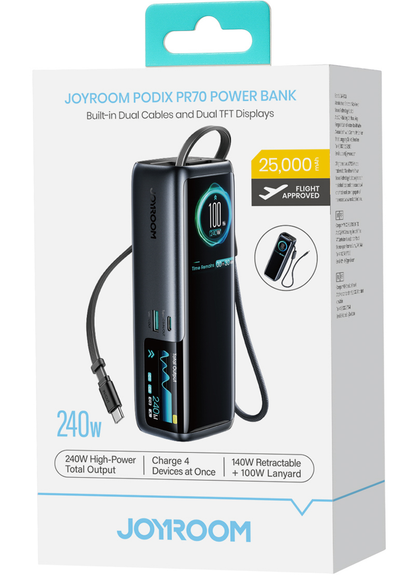 Baterie Externa Joyroom PODIX PR70, 25000mAh, 240W, QC + PD, 1 x USB-A - 3 x USB-C, Neagra