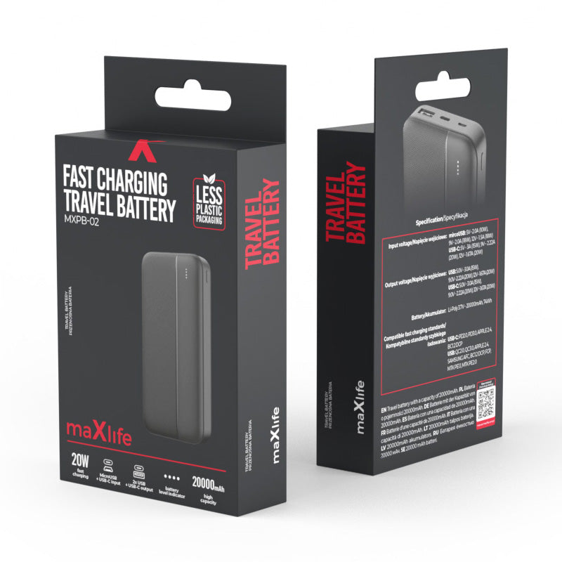 Baterie Externa MaXlife MXPB-02, 20000mAh, 20W, QC + PD, 1 x USB-A - 1 x USB-C, Neagra
