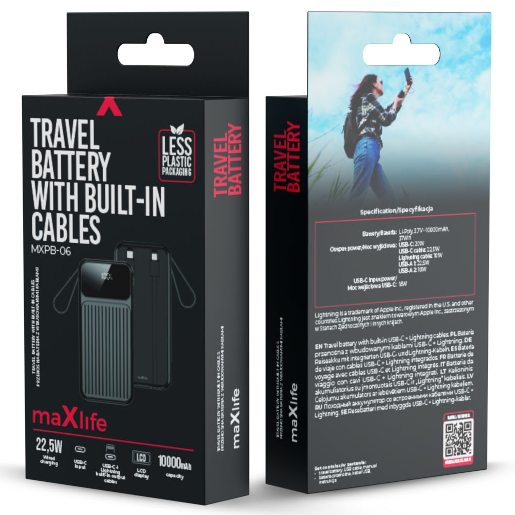 Baterie Externa MaXlife MXPB-06, 10000mAh, 22.5W, QC + PD, 1 x Lightning - 2 x USB-A - 2 x USB-C, Neagra