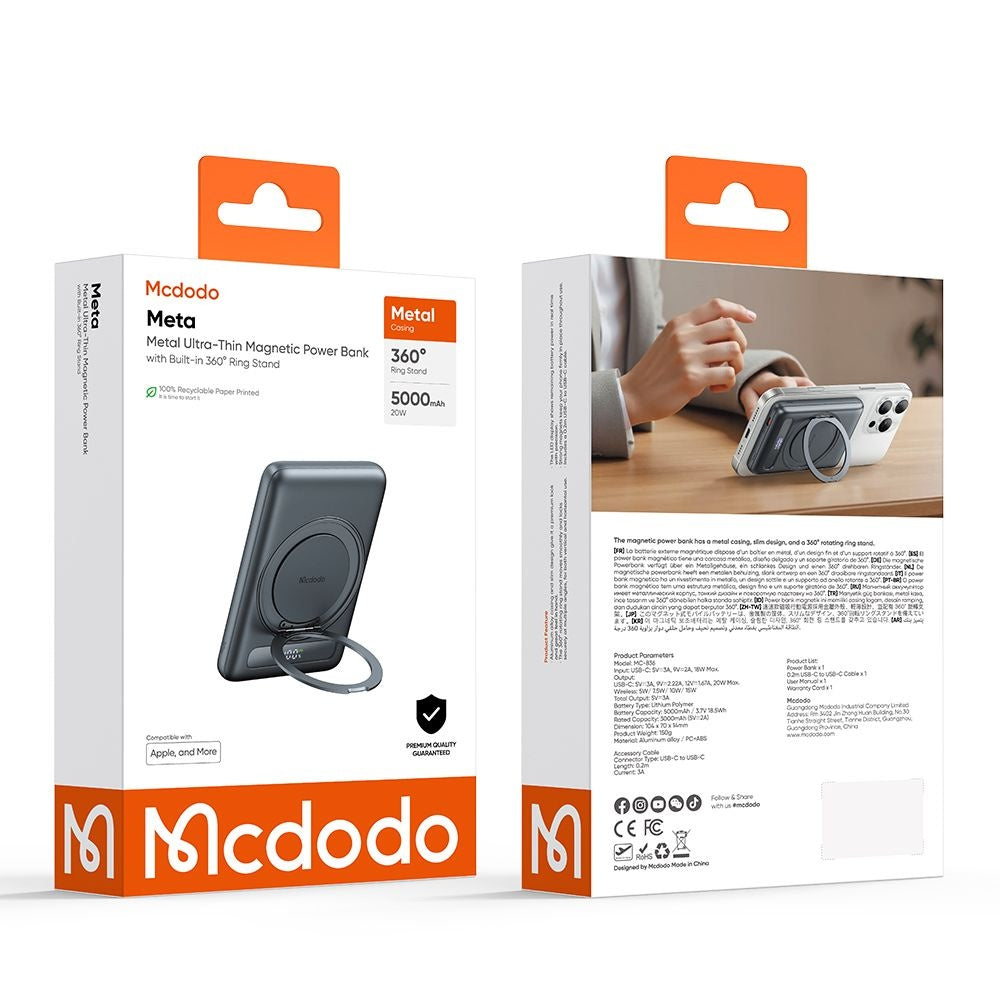 Baterie Externa Wireless McDodo MC-8361 Meta, 5000mAh, 20W, PD + FQI, 1 x QI - 1 x USB-C, Gri