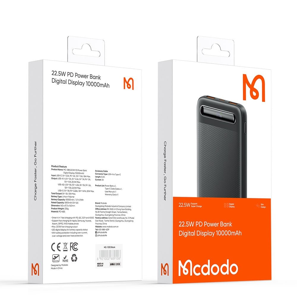 Baterie Externa McDodo MC-3881 Star, 10000mAh, 22.5W, QC + PD, 2 x USB-A - 1 x USB-C, Neagra