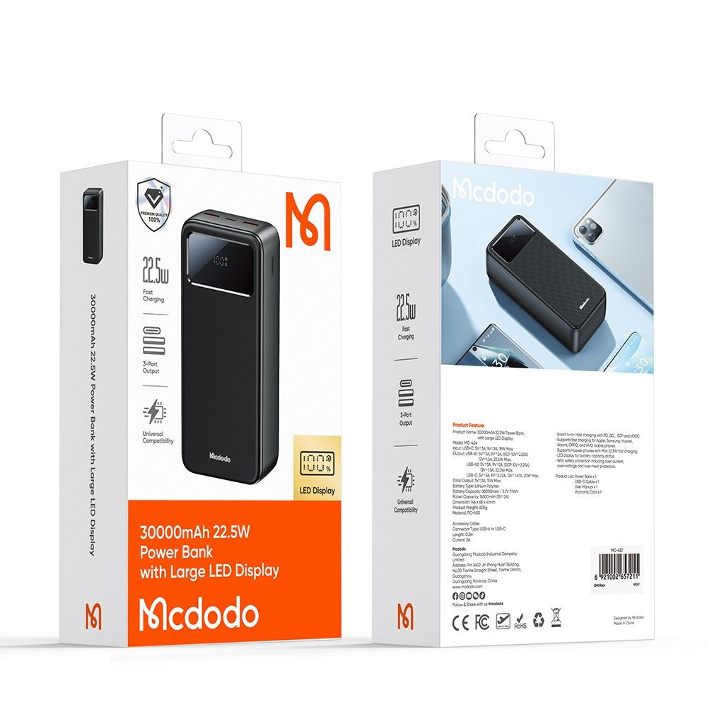 Baterie Externa McDodo MC-4240, 30000mAh, 22.5W, QC + PD, 2 x USB-A - 1 x USB-C, Neagra
