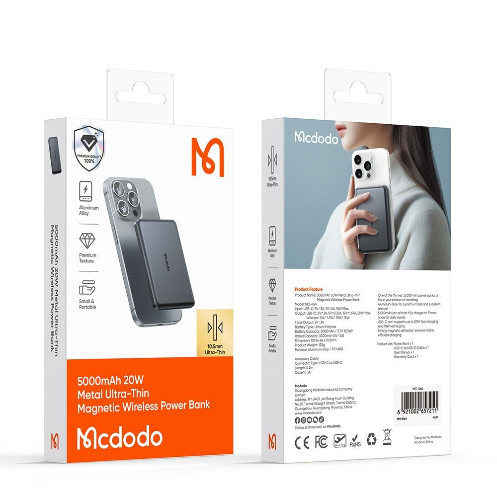 Baterie Externa Wireless McDodo MC-4641 Meta, 5000mAh, 20W, PD + FQI, 1 x QI - 1 x USB-C, Neagra