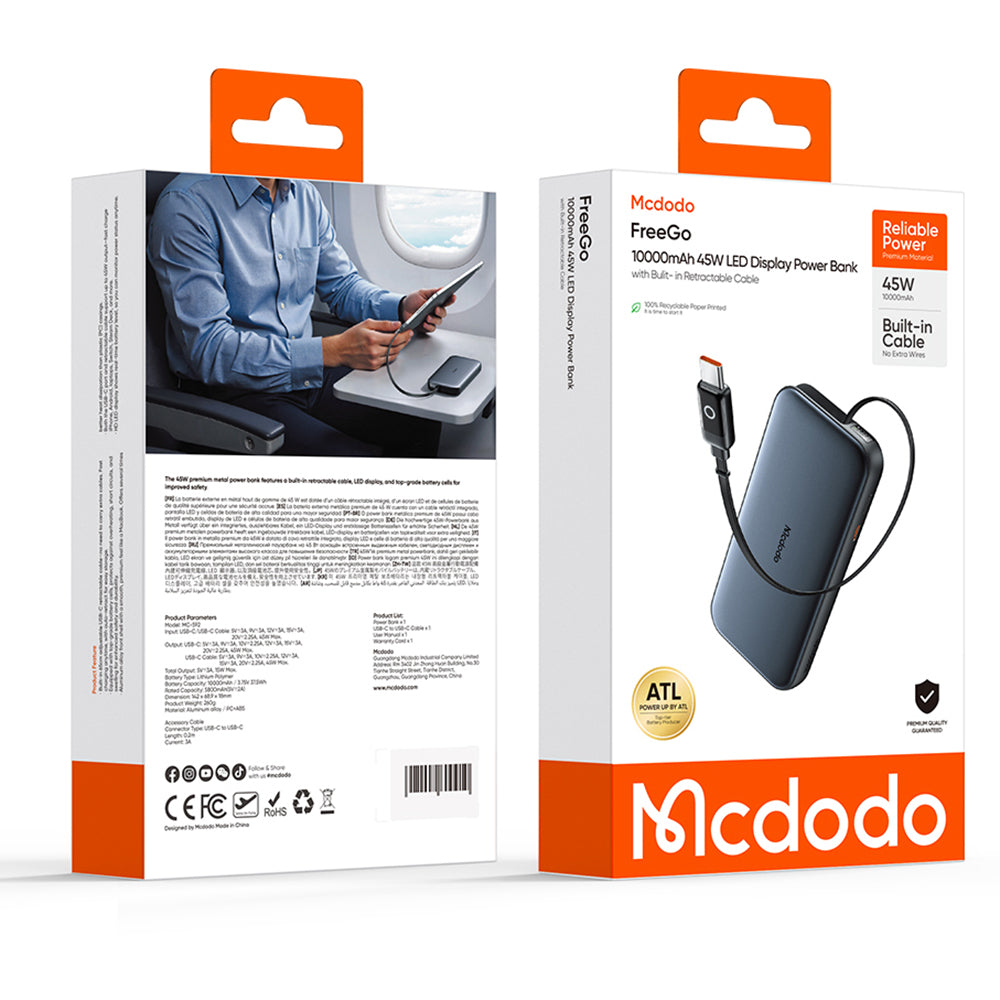 Baterie Externa McDodo MC-5920 MetaFree, 10000mAh, 45W, PD, 2 x USB-C, Gri