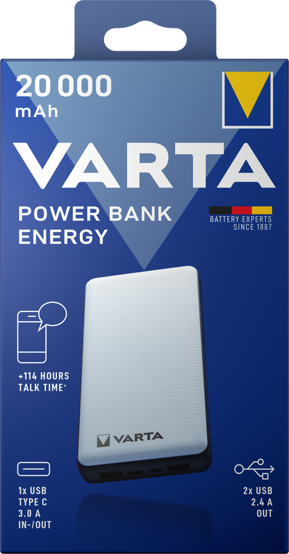 Baterie Externa Varta Energy, 20000mAh, 15W, 2 x USB-A - 1 x USB-C, Alba