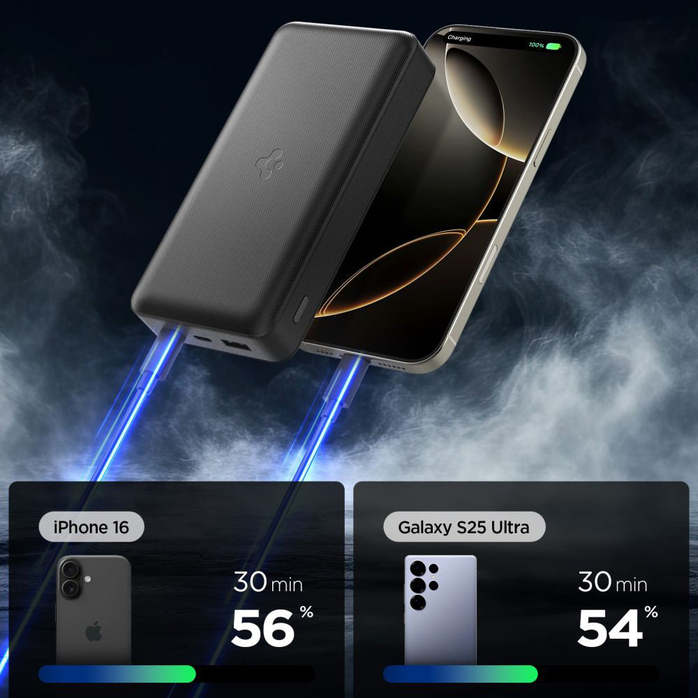 Baterie Externa Spigen, 30000mAh, 30W, QC + PD, 1 x USB-A - 2 x USB-C, Neagra