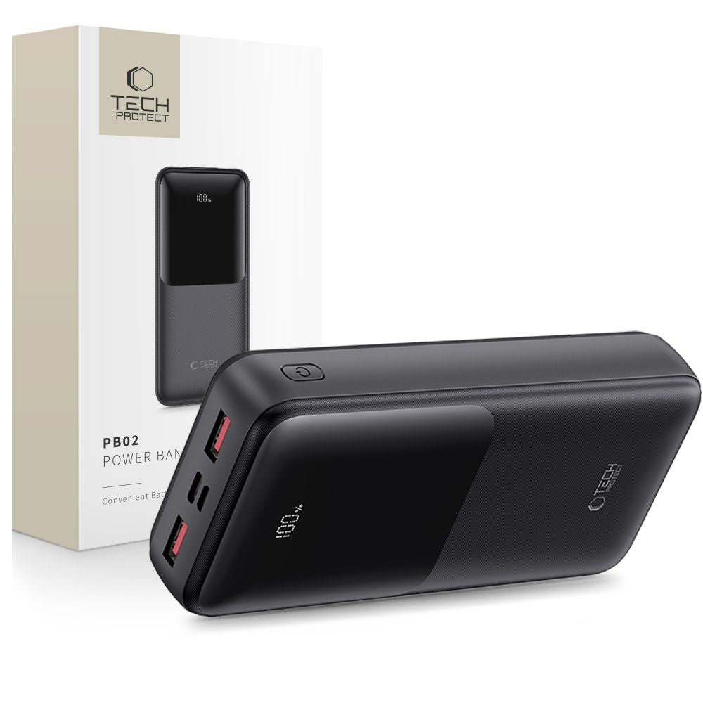 Baterie Externa Tech-Protect PB02, 20000mAh, 22.5W, QC + PD, 1 x USB-C - 2 x USB-A, Neagra
