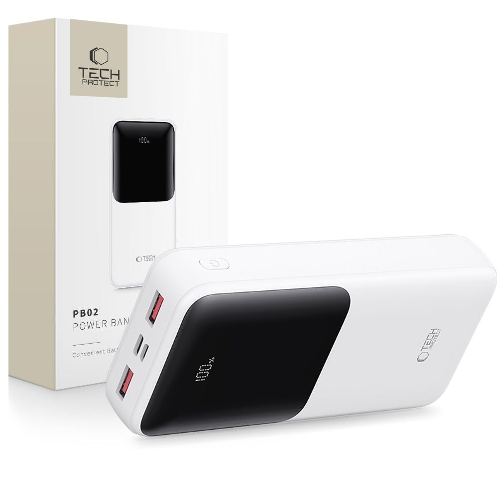 Baterie Externa Tech-Protect PB02, 20000mAh, 22.5W, QC + PD, 1 x USB-C - 2 x USB-A, Alba