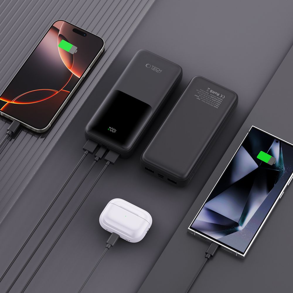 Baterie Externa Tech-Protect PB02, 20000mAh, 22.5W, QC + PD, 1 x USB-C - 2 x USB-A, Neagra