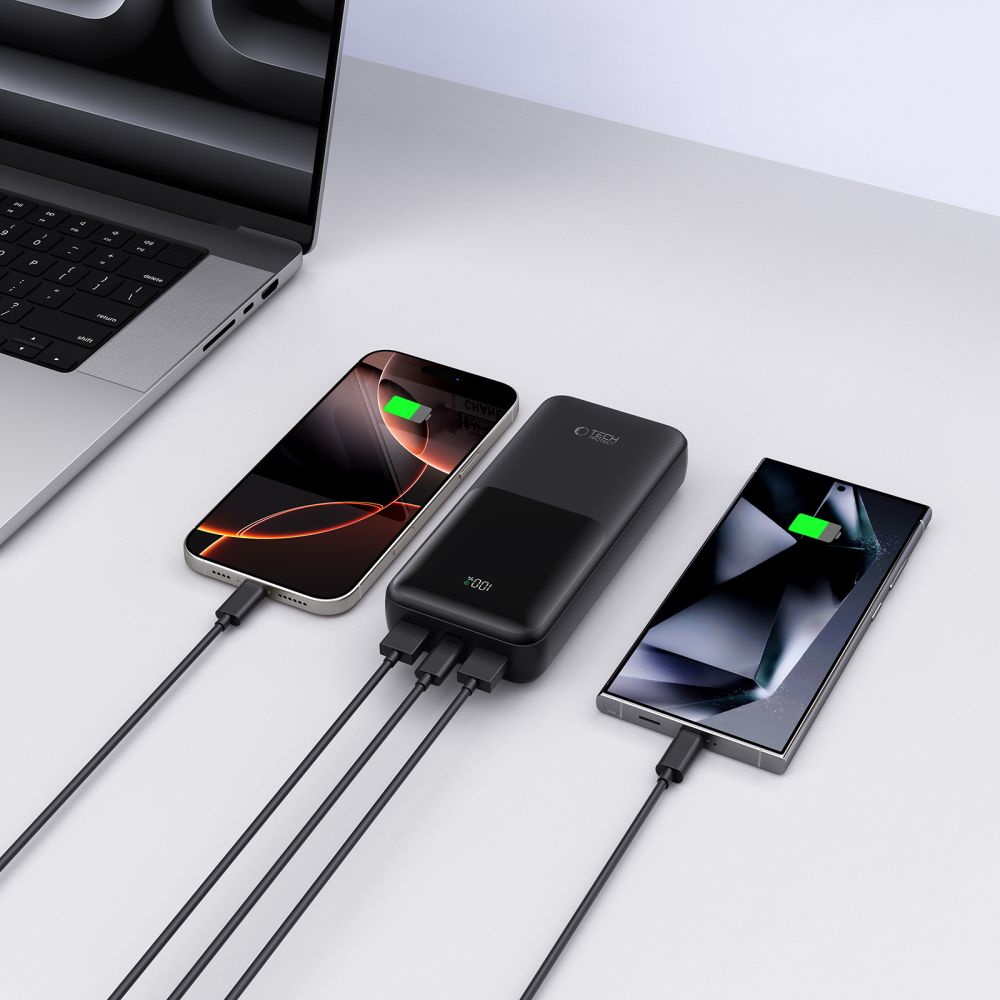 Baterie Externa Tech-Protect PB02, 20000mAh, 22.5W, QC + PD, 1 x USB-C - 2 x USB-A, Neagra