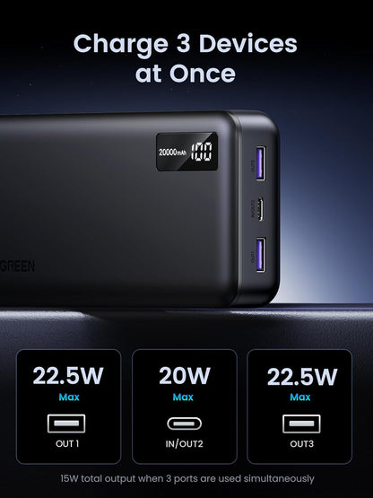 Baterie Externa UGREEN PB312, 20000mAh, 22.5W, QC + PD, 1 x USB-C - 2 x USB-A, Neagra
