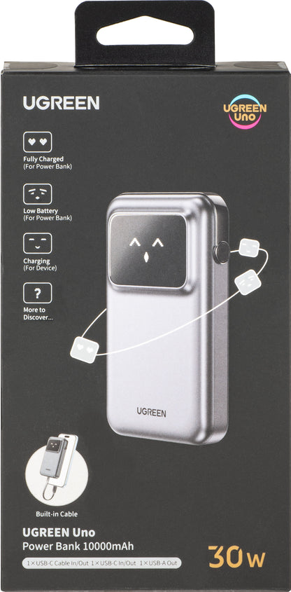 Baterie Externa UGREEN PB511 Uno, 10000mAh, 30W, QC + PD, 1 x USB-A - 2 x USB-C, Gri