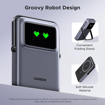 Baterie Externa Wireless UGREEN PB572 Uno, 10000mAh, 20W, PD + FQI, 1 x QI - 1 x USB-C, Gri