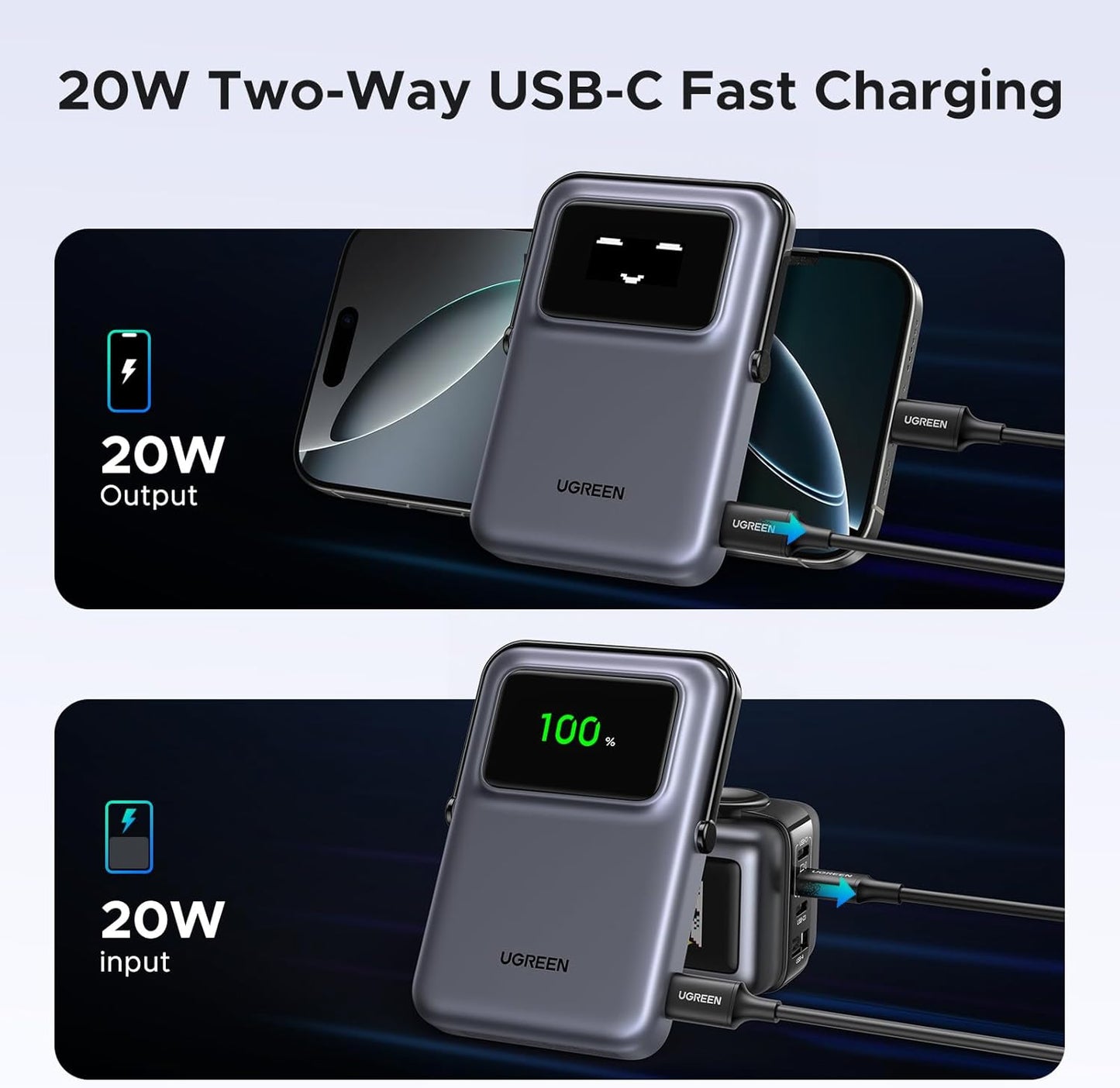 Baterie Externa Wireless UGREEN PB572 Uno, 10000mAh, 20W, PD + FQI, 1 x QI - 1 x USB-C, Gri