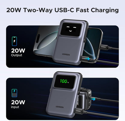 Baterie Externa Wireless UGREEN PB572 Uno, 10000mAh, 20W, PD + FQI, 1 x QI - 1 x USB-C, Gri