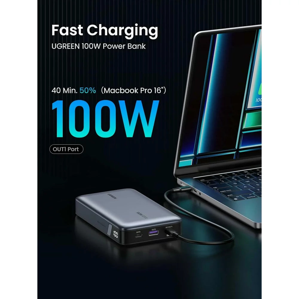 Baterie Externa UGREEN PB720 Nexode, 20000mAh, 100W, QC + PD, 1 x USB-A - 2 x USB-C, Gri