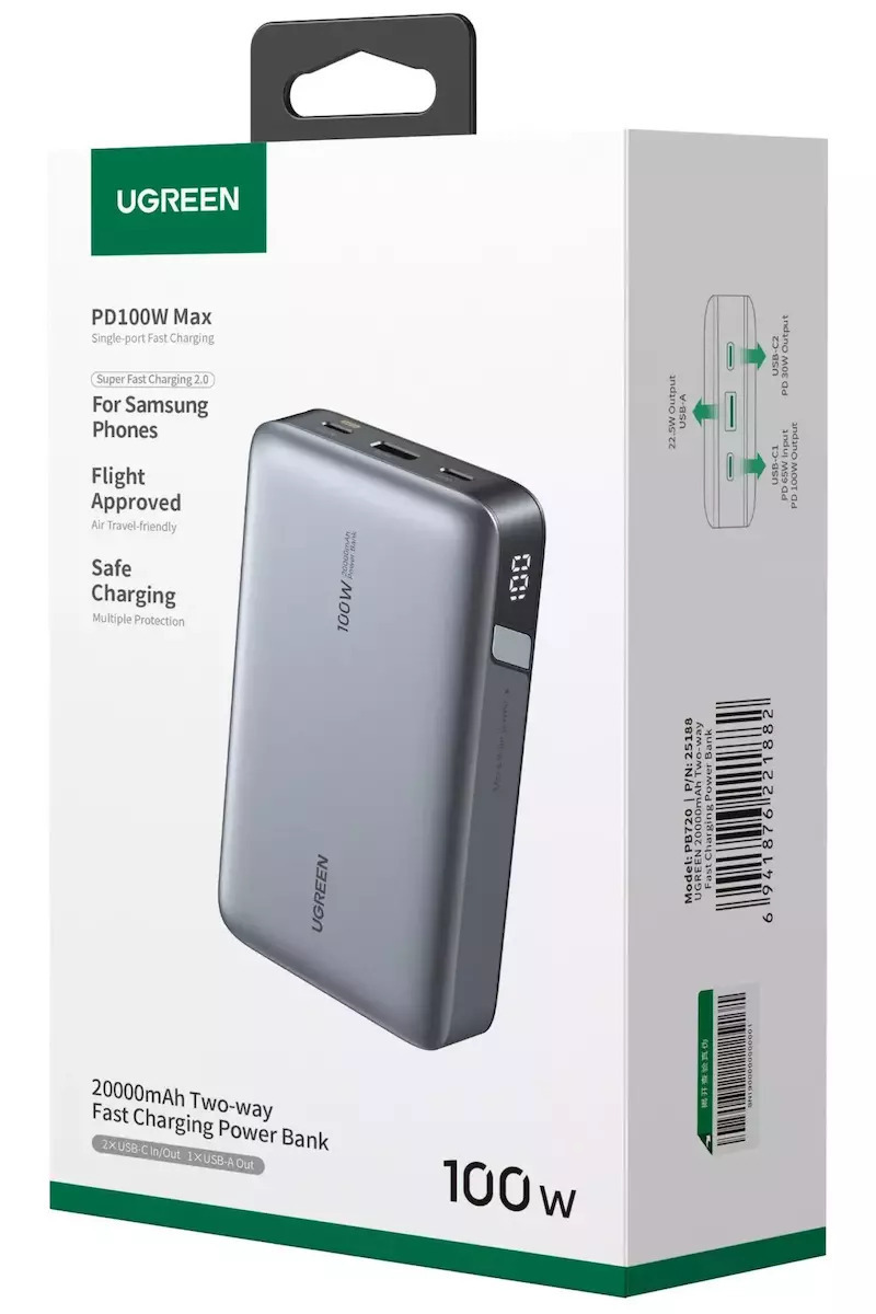Baterie Externa UGREEN PB720 Nexode, 20000mAh, 100W, QC + PD, 1 x USB-A - 2 x USB-C, Gri