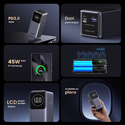 Baterie Externa UGREEN PB724, 12000mAh, 100W, QC + PD, 1 x USB-A - 1 x USB-C, Gri