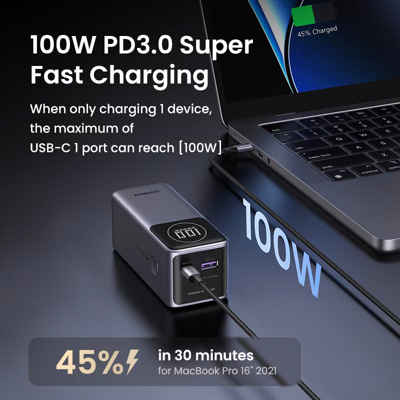 Baterie Externa UGREEN PB724, 12000mAh, 100W, QC + PD, 1 x USB-A - 1 x USB-C, Gri