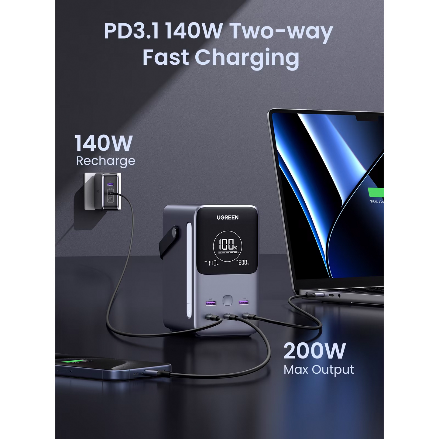 Baterie Externa UGREEN PB770, 48000mAh, 300W, QC + PD, 2 x USB-A - 3 x USB-C, Gri, Resigilata