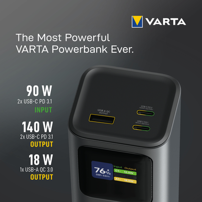 Baterie Externa Varta High Speed, 27000mAh, 140W, QC + PD, 1 x USB-A - 2 x USB-C, Neagra