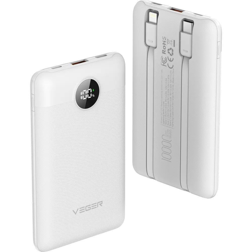 Baterie Externa Veger C11C, 10000mAh, 22.5W, QC + PD, 1 x Lightning - 1 x USB-A - 2 x USB-C, Alba