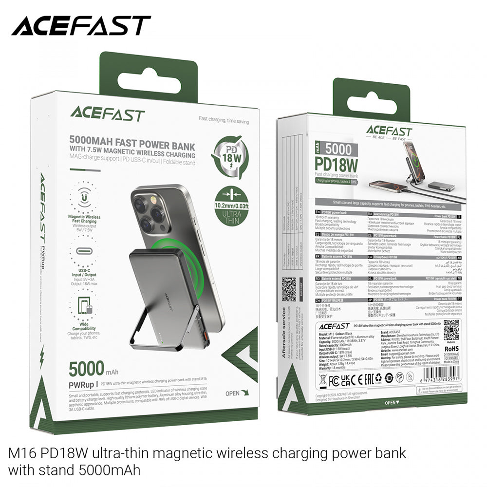 Baterie Externa Wireless Acefast M16, 5000mAh, 18W, PD + FQI, 1 x QI - 1 x USB-C, Neagra