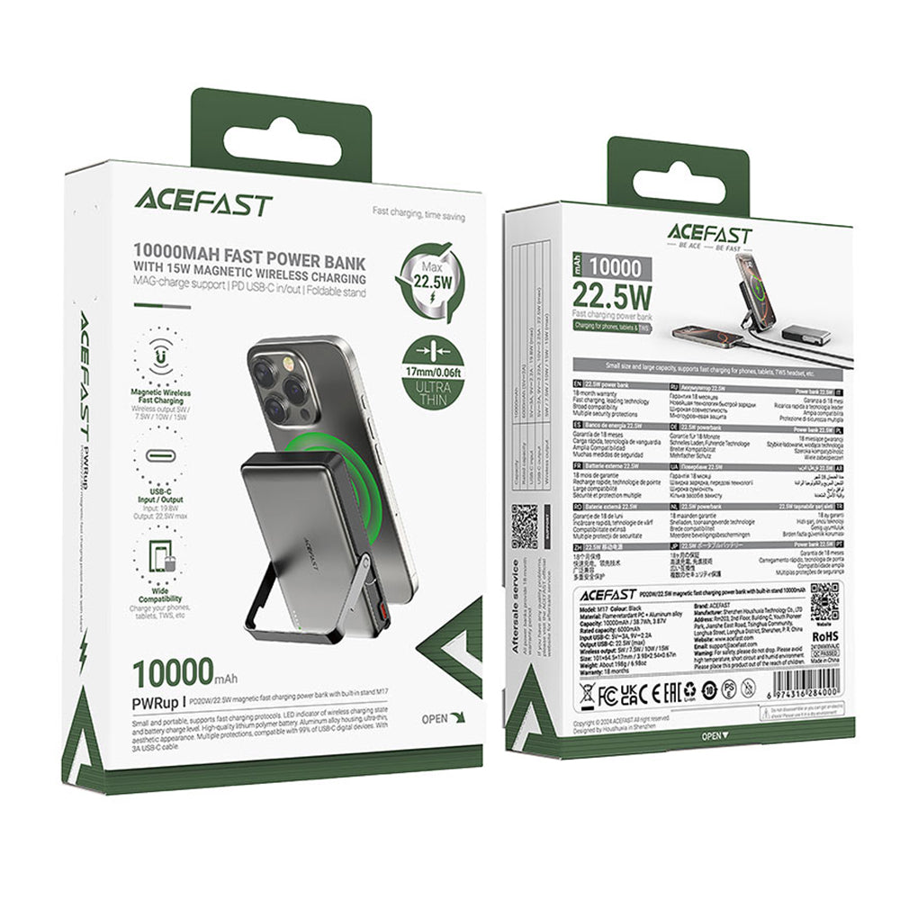 Baterie Externa Wireless Acefast M17, 10000mAh, 22.5W, PD + FQI, 1 x QI - 1 x USB-C, Neagra
