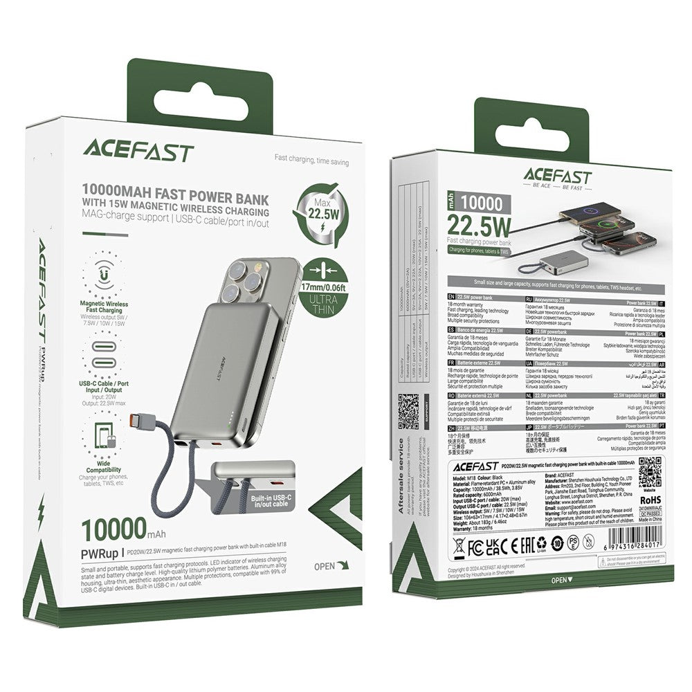 Baterie Externa Wireless Acefast M18, 10000mAh, 22.5W, PD + FQI, 1 x QI - 2 x USB-C, Neagra