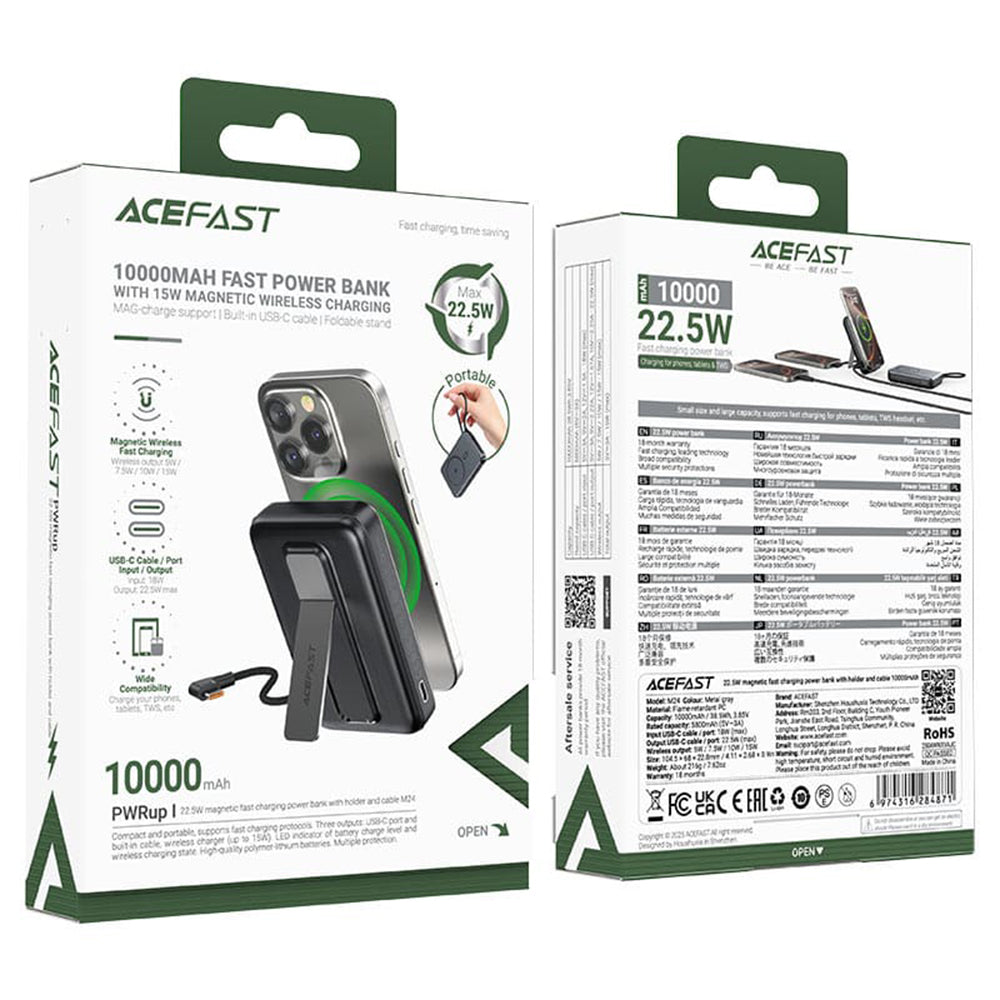 Baterie Externa Wireless Acefast M24, 10000mAh, 22.5W, PD + FQI, 1 x QI - 2 x USB-C, Gri