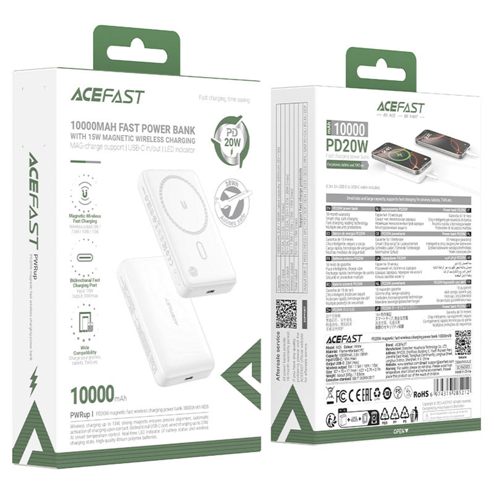 Baterie Externa Wireless Acefast M26, 10000mAh, 20W, PD + FQI, 1 x QI - 1 x USB-C, Alba