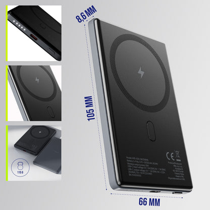 Baterie Externa Wireless Allity. APB-300, 5000mAh, 20W, PD + FQI, 1 x QI - 1 x USB-C, Gri