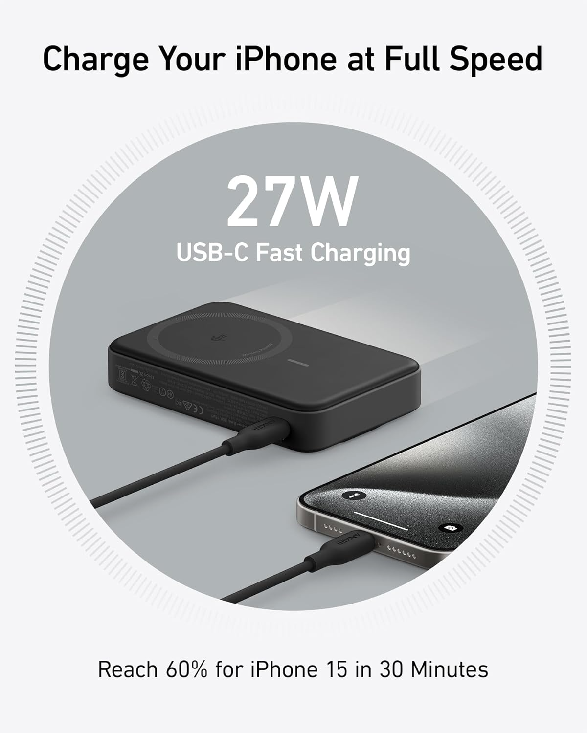 Baterie Externa Wireless Anker MagGo, 10000mAh, 27W, PD + FQI, 1 x QI - 1 x USB-C, Neagra A1654011