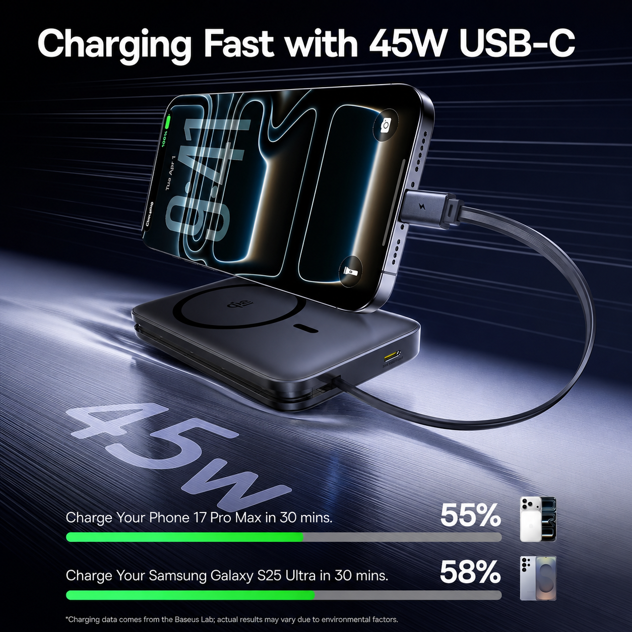 Baterie Externa Wireless Baseus PicoGo AM61, 10000mAh, 45W, PD + FQI, 1 x QI - 2 x USB-C, Neagra E0028V00
