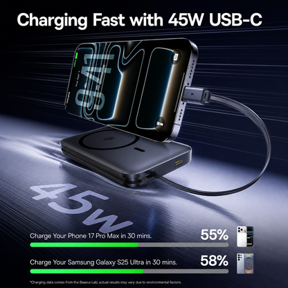 Baterie Externa Wireless Baseus PicoGo AM61, 10000mAh, 45W, PD + FQI, 1 x QI - 2 x USB-C, Neagra E0028V00