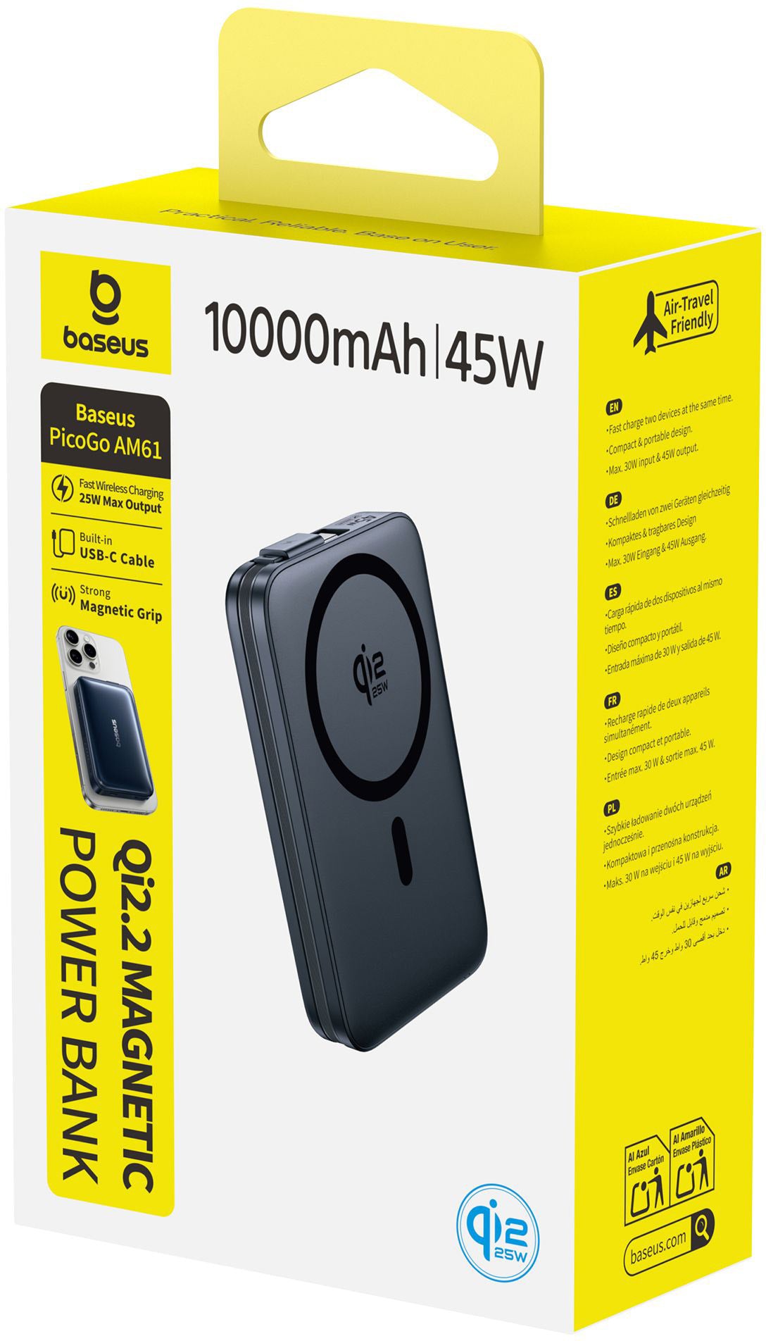 Baterie Externa Wireless Baseus PicoGo AM61, 10000mAh, 45W, PD + FQI, 1 x QI - 2 x USB-C, Neagra E0028V00