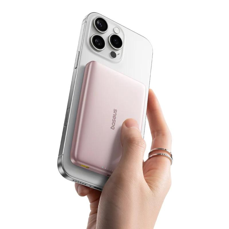 Baterie Externa Wireless Baseus PicoGo AM41, 10000mAh, 27W, PD + FQI, 1 x QI - 1 x USB-C, Roz E0027202