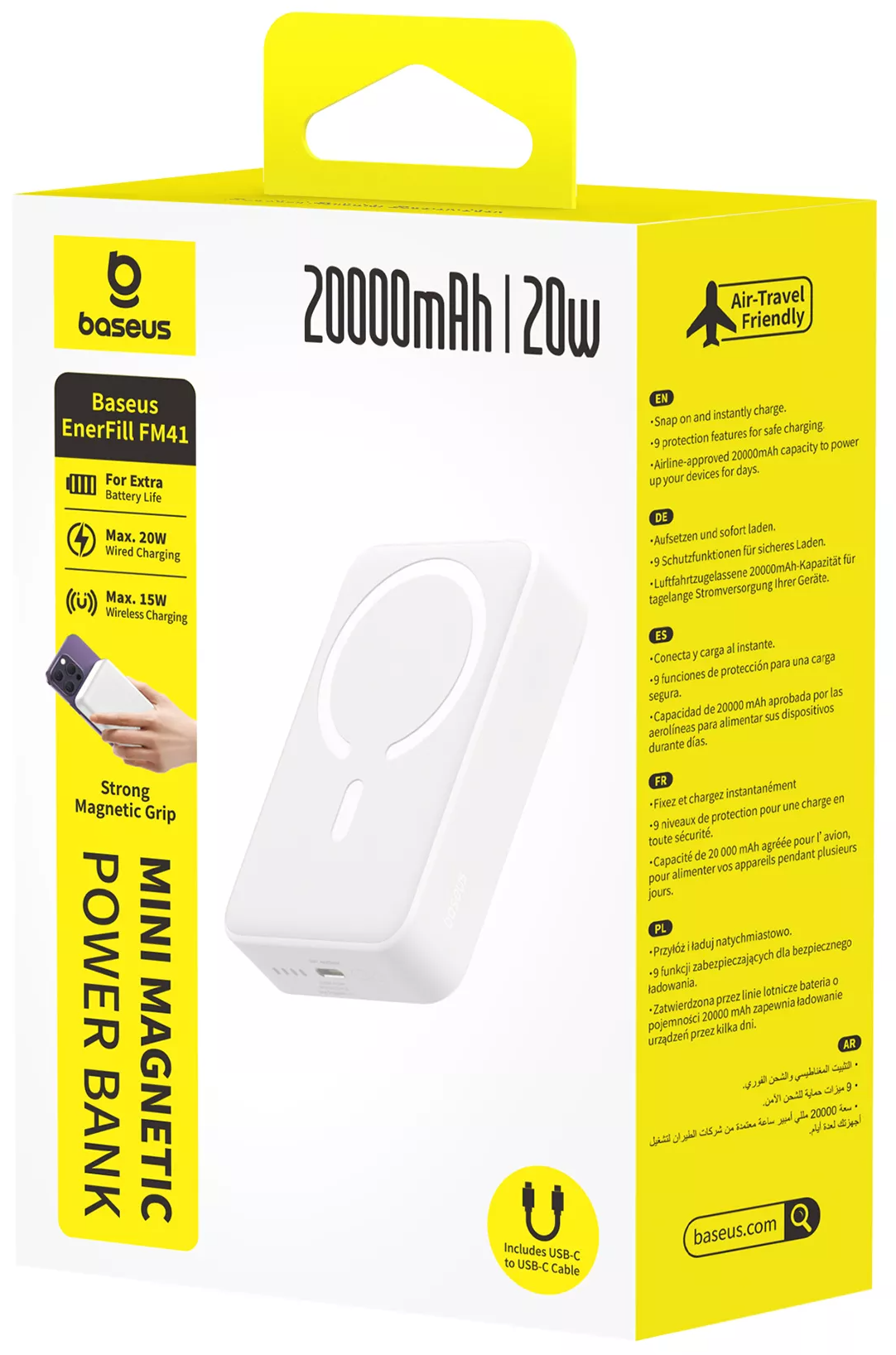 Baterie Externa Wireless Baseus EnerFill FM41 Mini, 20000mAh, 20W, PD + FQI, 1 x QI - 1 x USB-C, Alba E0027U01