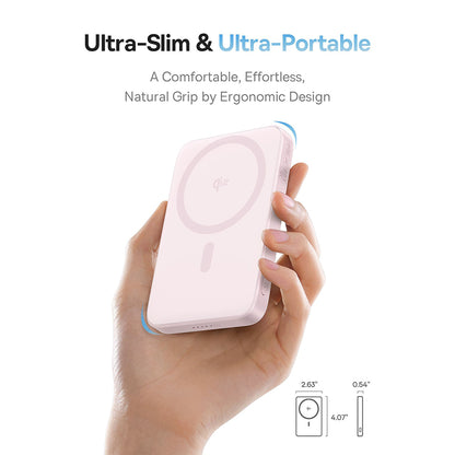 Baterie Externa Wireless Baseus PicoGo, 5000mAh, 20W, PD + FQI, 1 x QI - 1 x USB-C, Roz P10076800413-00