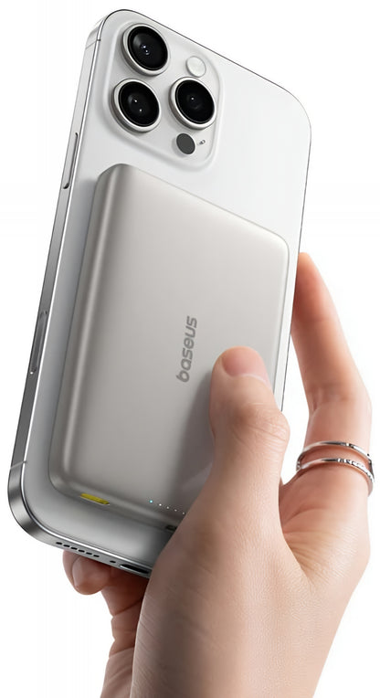 Baterie Externa Wireless Baseus PicoGo AM41, 10000mAh, 27W, PD + FQI, 1 x QI - 1 x USB-C, Bej E0027203