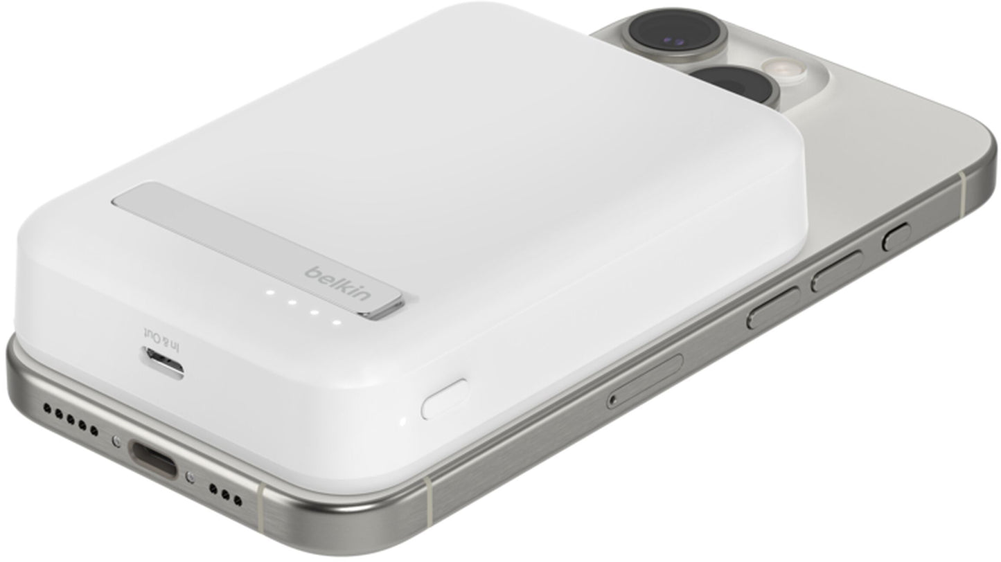 Baterie Externa Wireless Belkin BoostCharge Pro with Kickstand, 10000mAh, 15W, FQI, 1 x QI - 1 x USB-C, Alba BPD008btWH