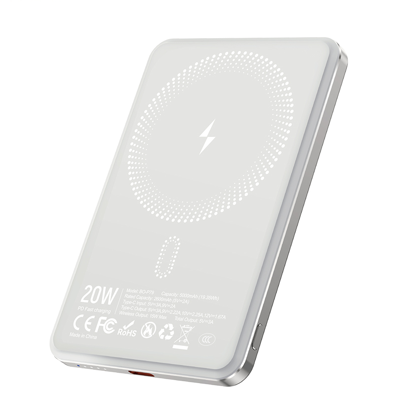 Baterie Externa Wireless BWOO P79, 5000mAh, 20W, PD + FQI, 1 x QI - 1 x USB-C, Gri