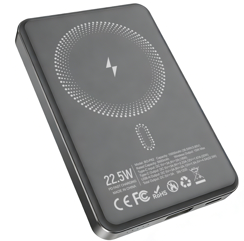 Baterie Externa Wireless BWOO BO-P82, 10000mAh, 22.5W, PD + FQI, 1 x QI - 1 x USB-C, Gri