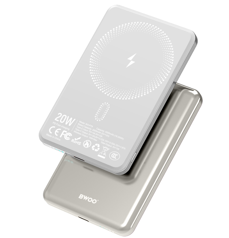 Baterie Externa Wireless BWOO P79, 5000mAh, 20W, PD + FQI, 1 x QI - 1 x USB-C, Gri